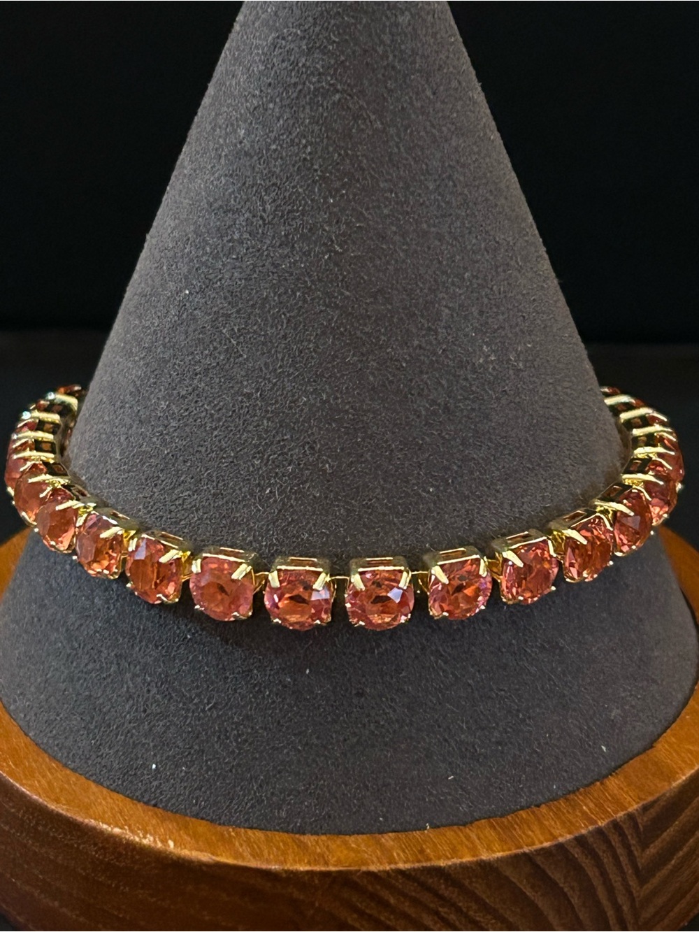 Gold-Tone Tennis Line Bracelet w/Pink-Peachy Round Crystals 7” - 8” Long